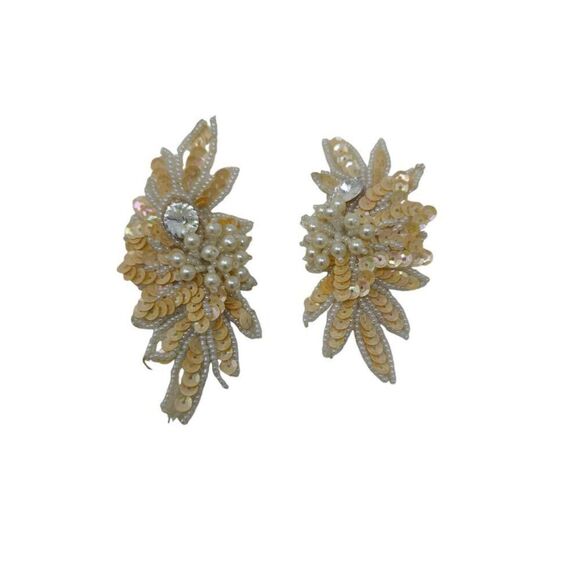 Vintage Gold Sequin and Pearl Clip-On Earrings | 3.50" | Circa 1980s-1990s - Picture 5 of 14